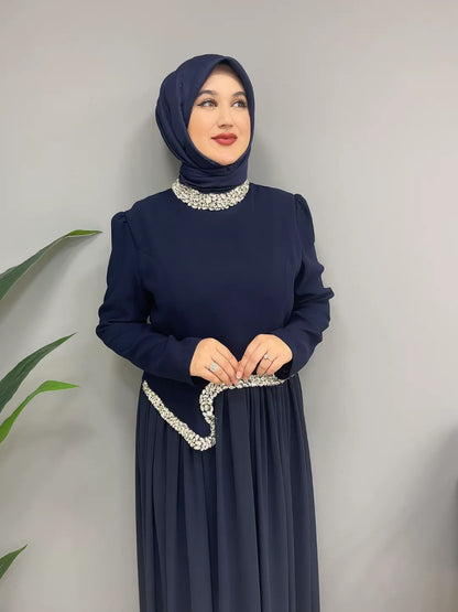 Yaka ve Bel Taşlı Eteği Pileli 1152 Abiye