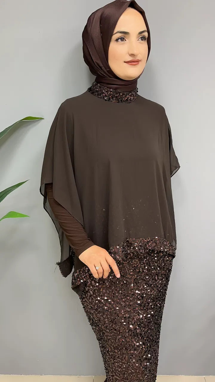 Pul Payetli Pelerinli 4828 Elbise