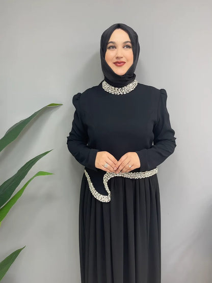Yaka ve Bel Taşlı Eteği Pileli 1152 Abiye