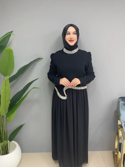 Yaka ve Bel Taşlı Eteği Pileli 1152 Abiye