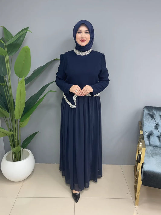 Yaka ve Bel Taşlı Eteği Pileli 1152 Abiye
