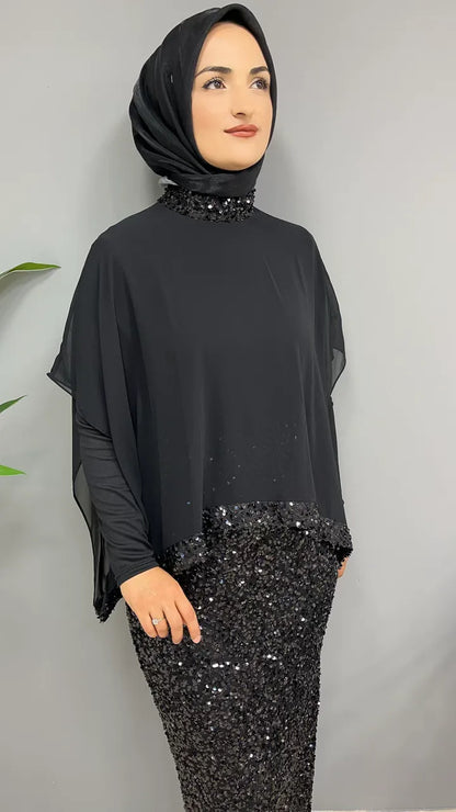 Pul Payetli Pelerinli 4828 Elbise