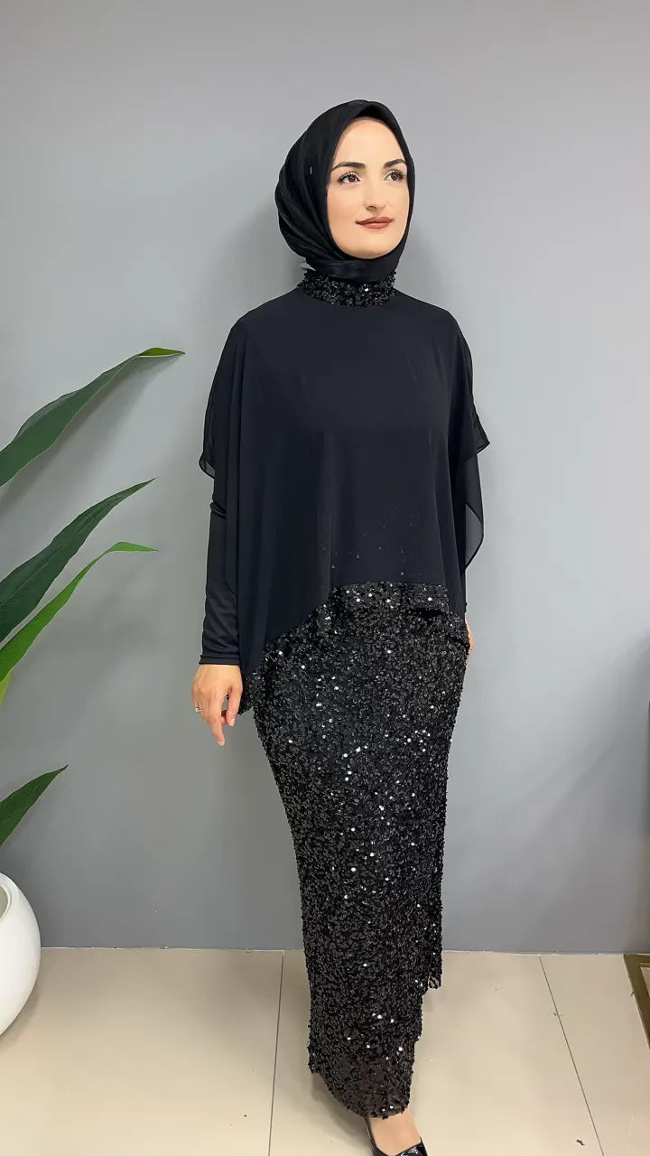 Pul Payetli Pelerinli 4828 Elbise