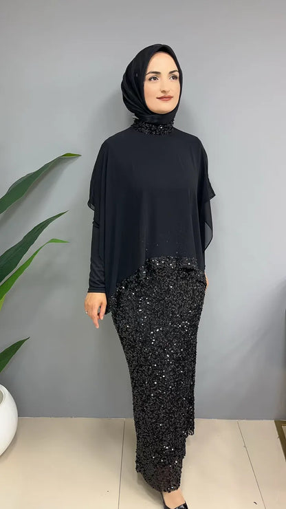 Pul Payetli Pelerinli 4828 Elbise
