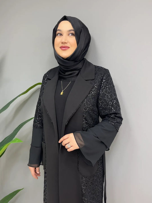 Çiçek Detaylı 7773 Üçlü Abaya
